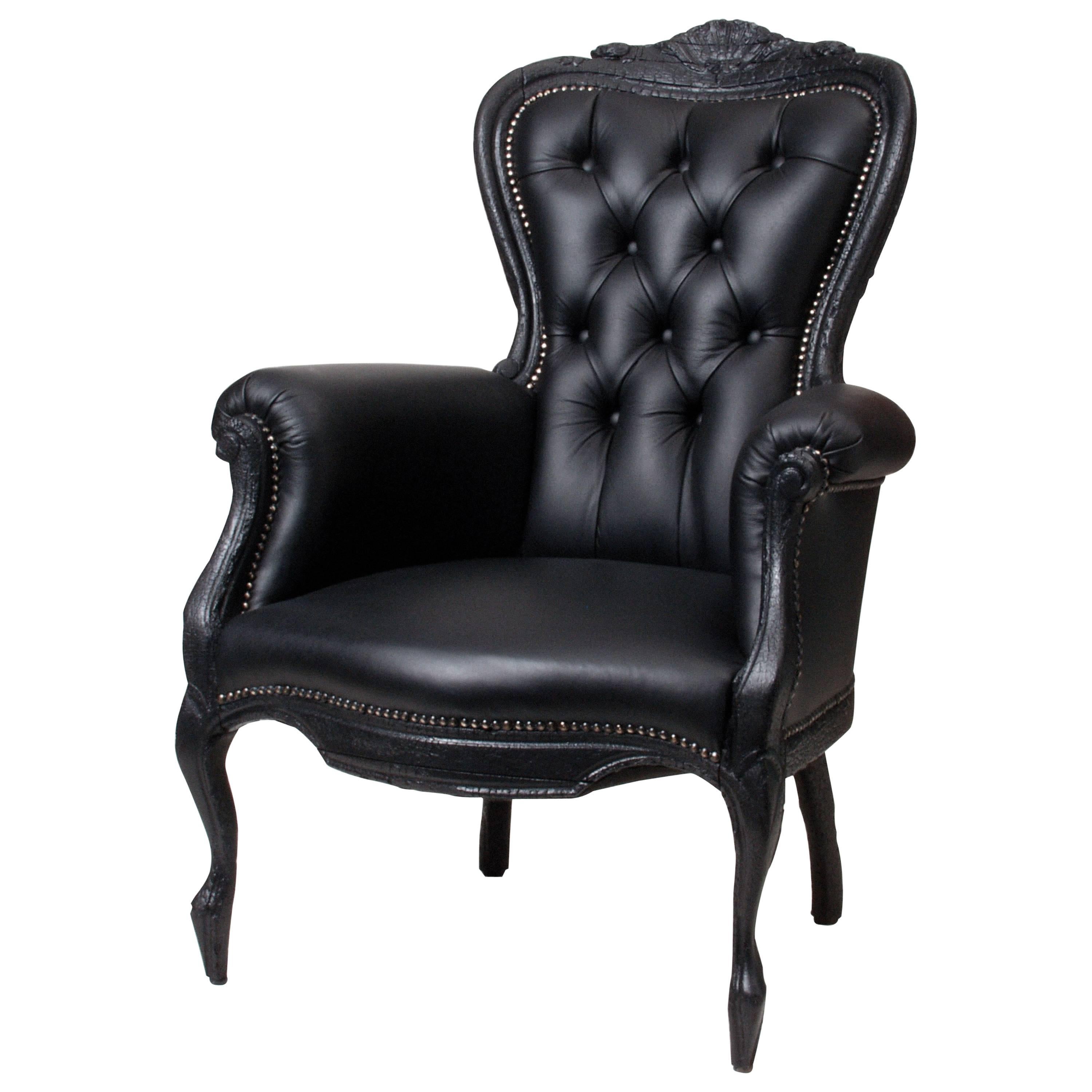 Moooi Smoke Chair in Black Leather/Burned Wood and Sealed with Black Epoxy Resin For Sale
