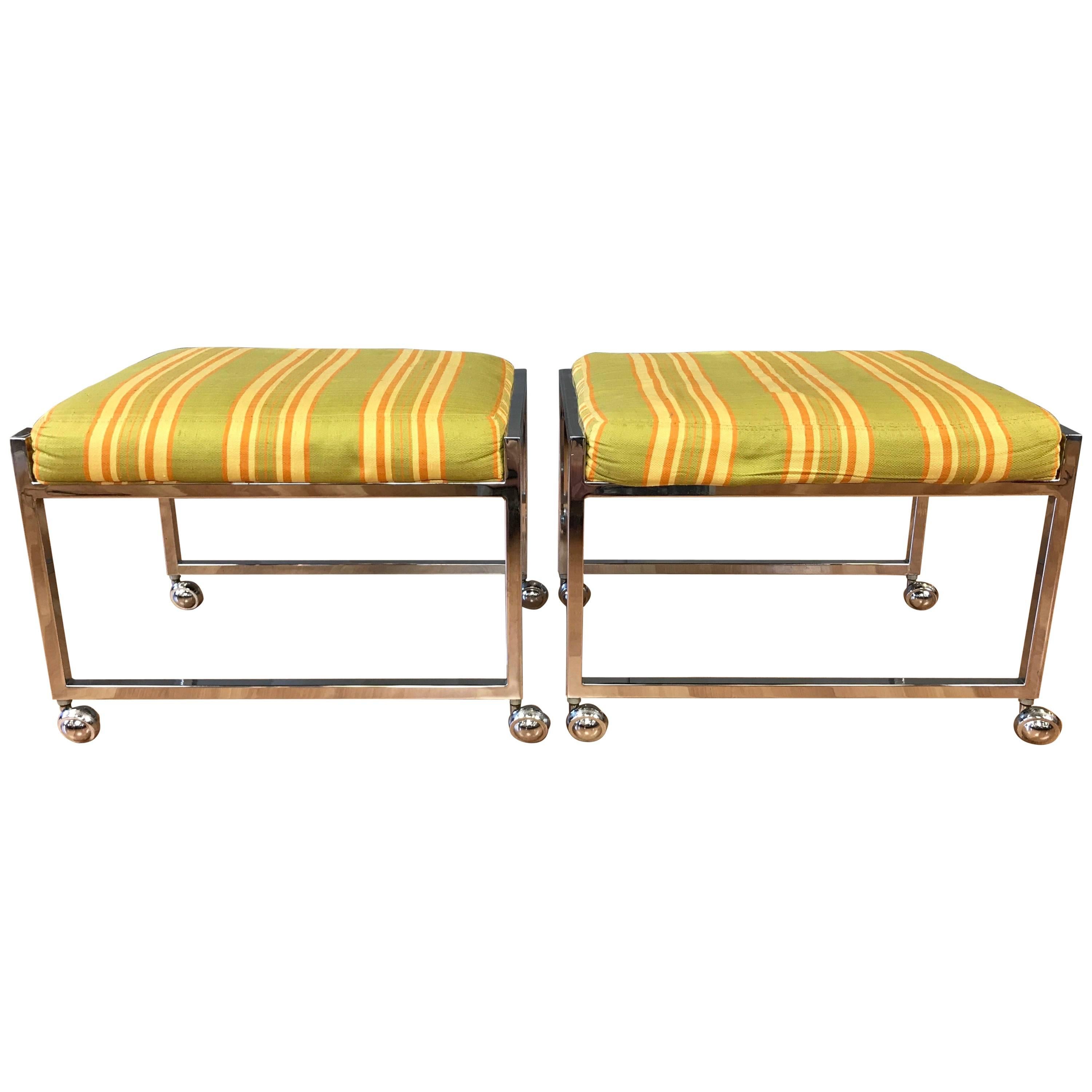 Pair of Vintage Milo Baughman-Style Small Wheeled Benches