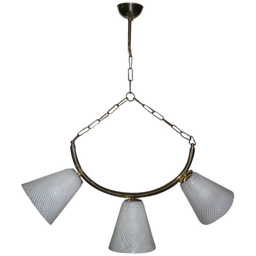 Elegant 1950 Chandelier with Brass and Glass Murano Reticello