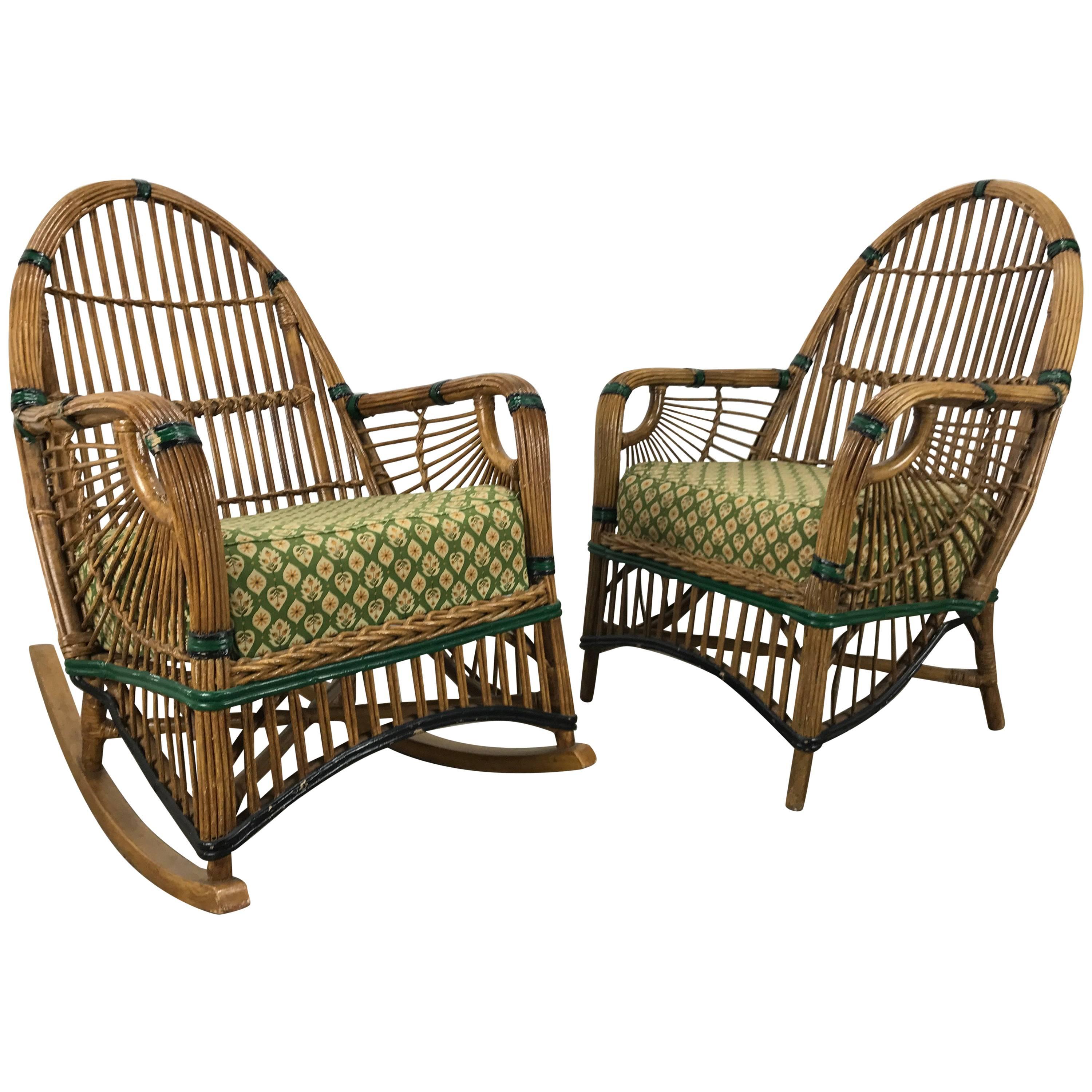 Stunning Pair of Art Deco Stick Wicker/Split Reed Chairs