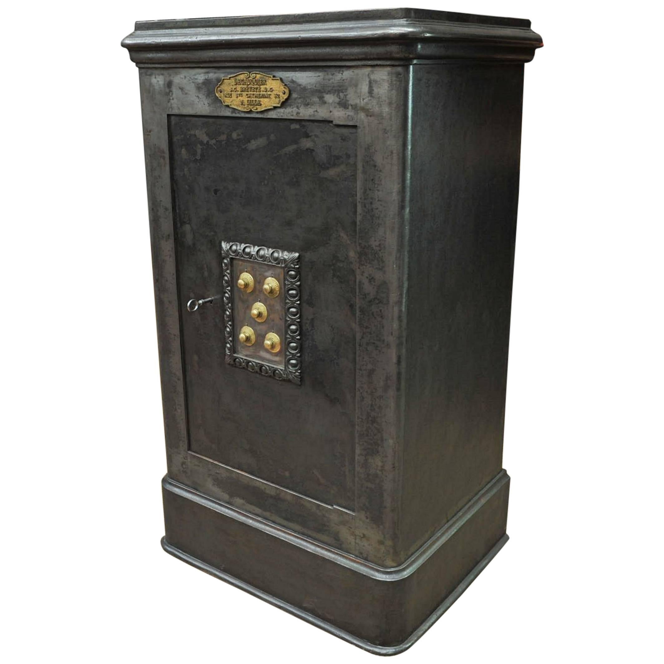 19th Century Iron and Wood Safe from Degauquier Lille with Key and Code