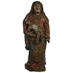 French Late Medieval 16th Century Carved Oak Madonna with Child