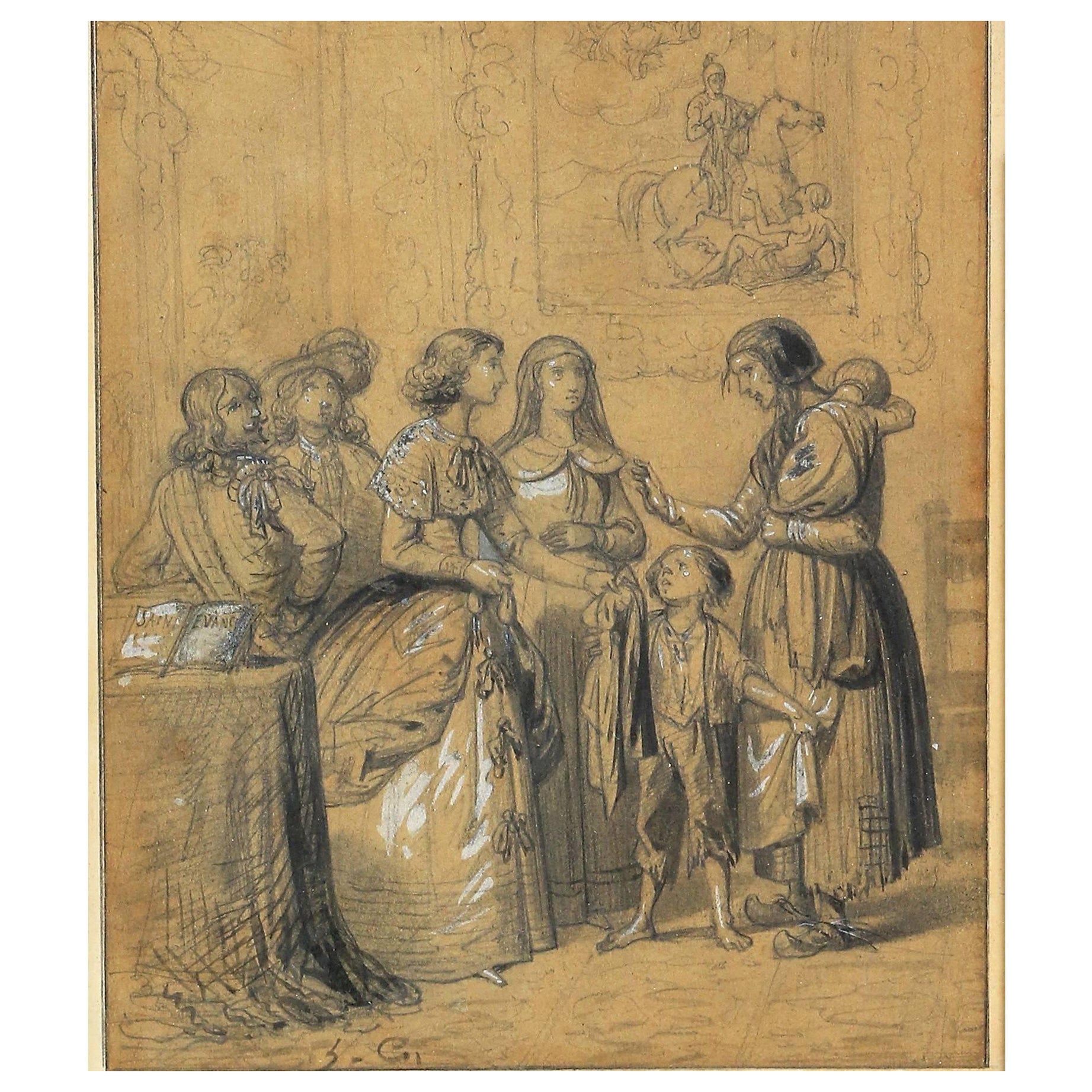Schizzo incorniciato, disegno "L'aumône" "L'elemosina" 19° Scuola francese