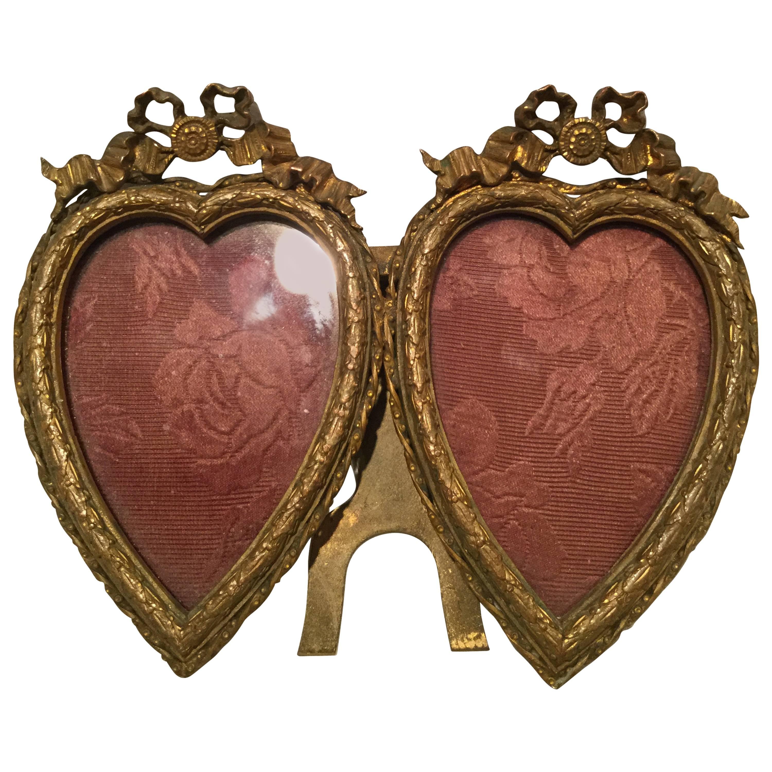 19th Century French Louis XVI Style Bronze Double Heart Frame-Saturday Sale