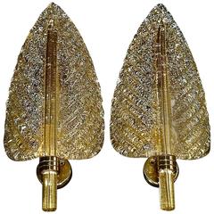 Floral Pair of Murano Clear Gold Art Glass Leaf Sconces, Barovier & Toso, 1970s 4