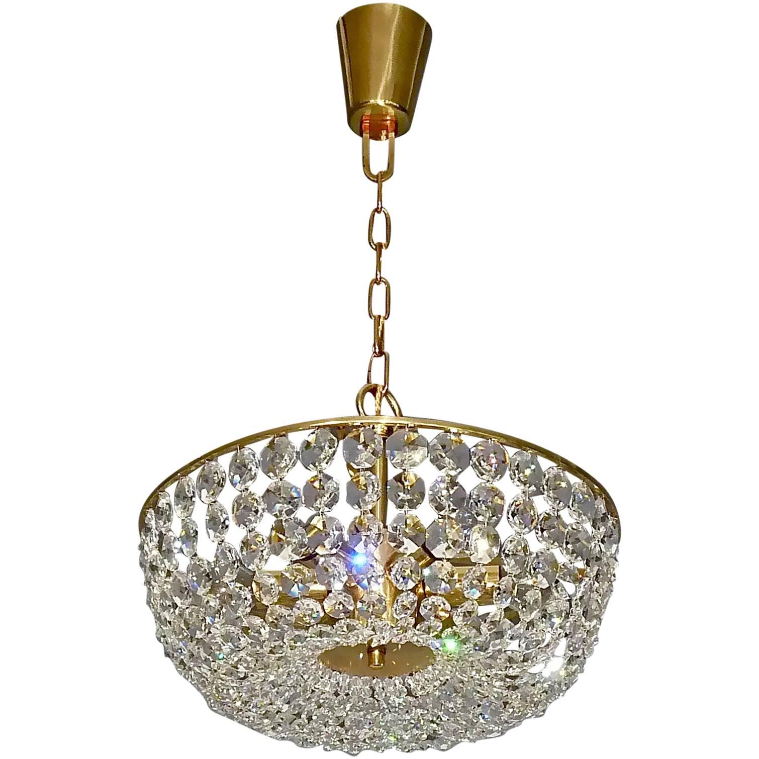 Austrian Bakalowits Chandelier Faceted Crystal Glass Gilt Brass Lamp Palwa 1960s For Sale