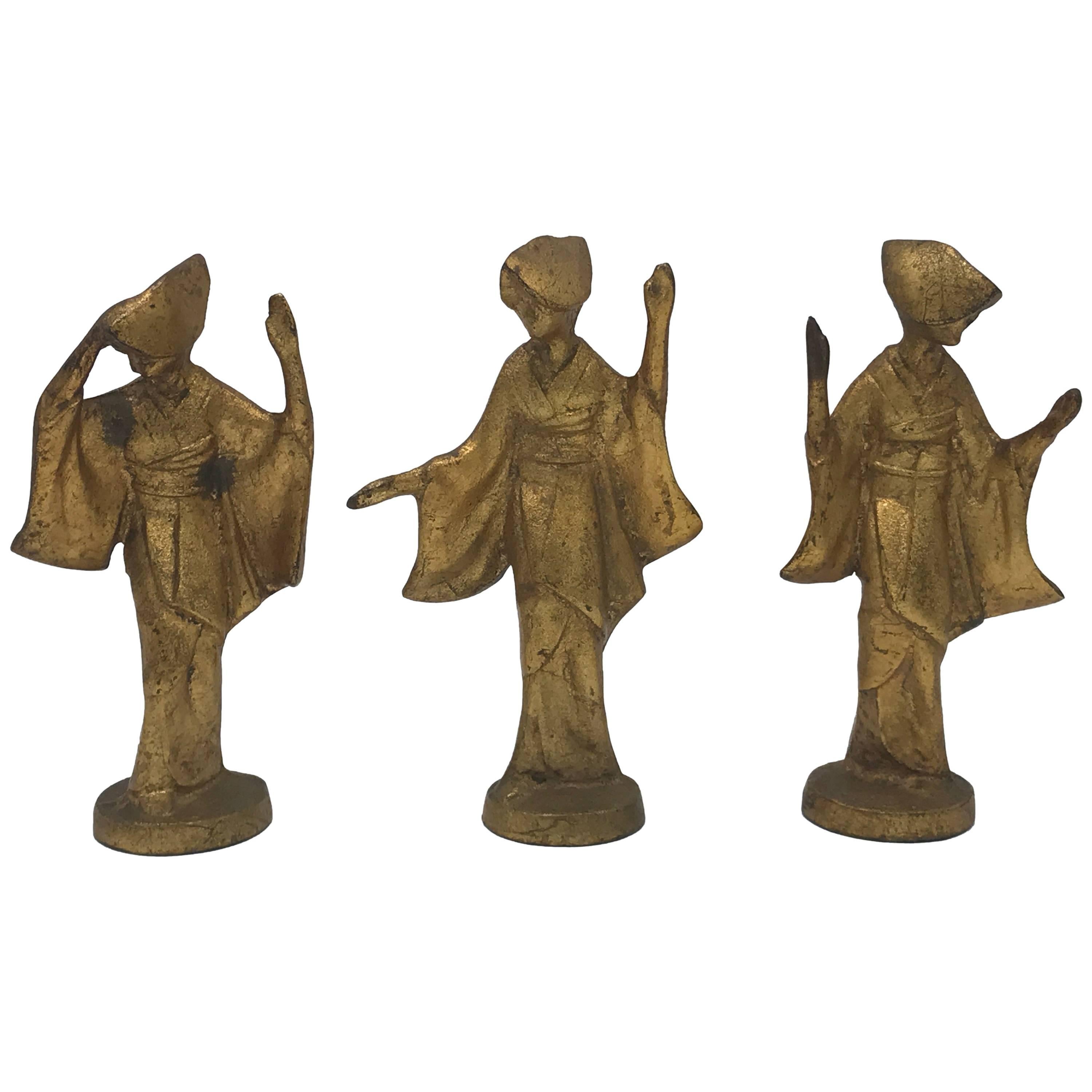 1950s Gilded James Mont Style Cast Iron Dancing Geisha Figures, Set of Three