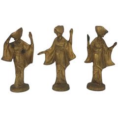 1950s Gilded James Mont Style Cast Iron Dancing Geisha Figures, Set of Three