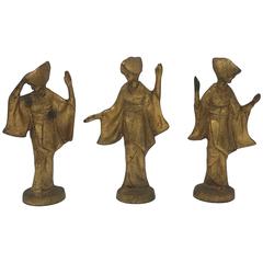 1950s Gilded James Mont Style Cast Iron Dancing Geisha Figures, Set of Three