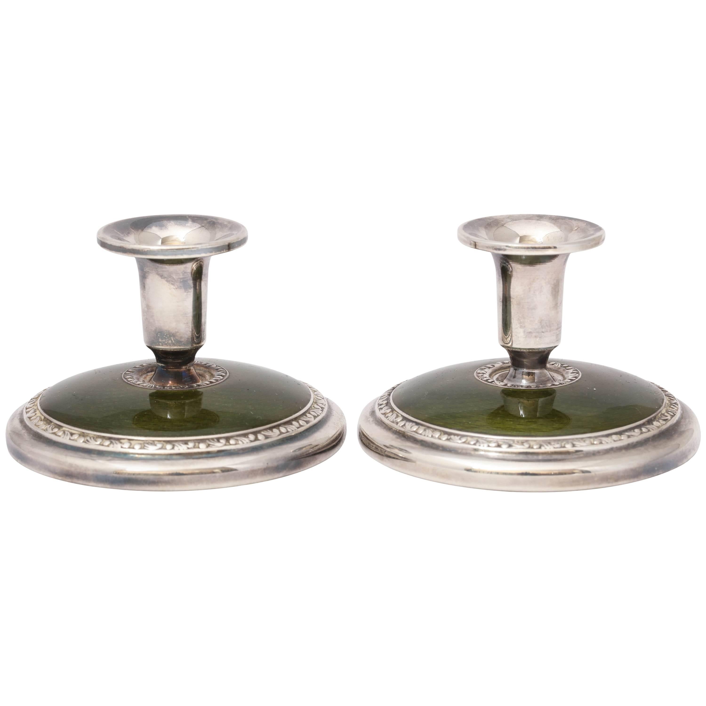 Pair of Art Deco Sterling Silver and Olive Green Guilloche Enamel Candlesticks