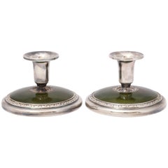 Vintage Pair of Art Deco Sterling Silver and Olive Green Guilloche Enamel Candlesticks