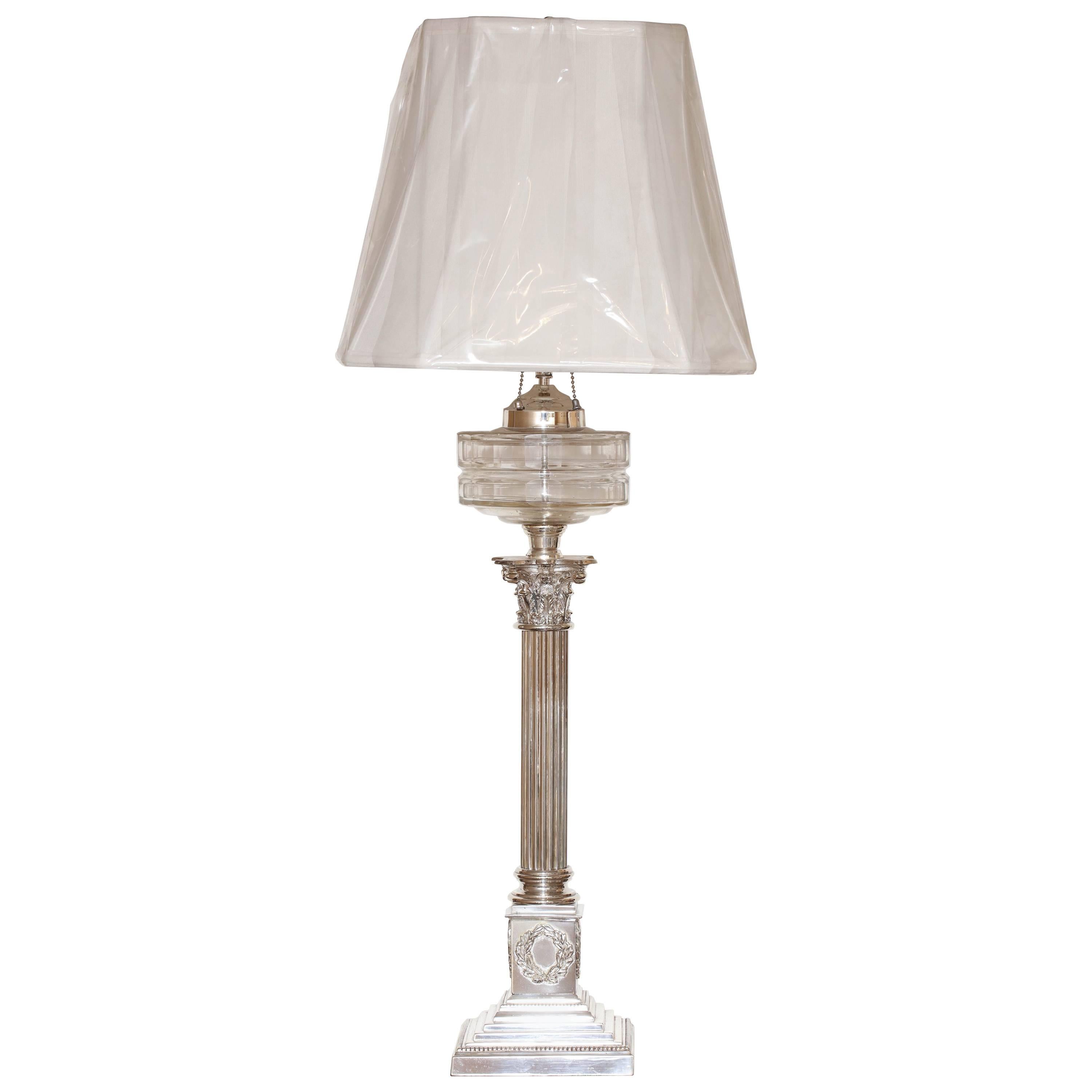Tall Neoclassical Electrified Silver Plated Column-Form Oil Lamp For Sale