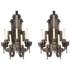 Sconces Pair Brutalist Mid Century Modern wrought iron 1970's