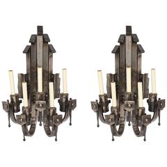 Brutalist Sconces Pair of Hand-Wrought Polished Iron 11