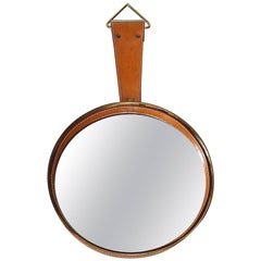 Round Midcentury Wall Mirror Brass Brown Stitched Leather French Adnet Style