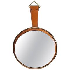 Mid-Century Round Wall Mirror in Brass Brown Stitched Leather in Adnet Style 5