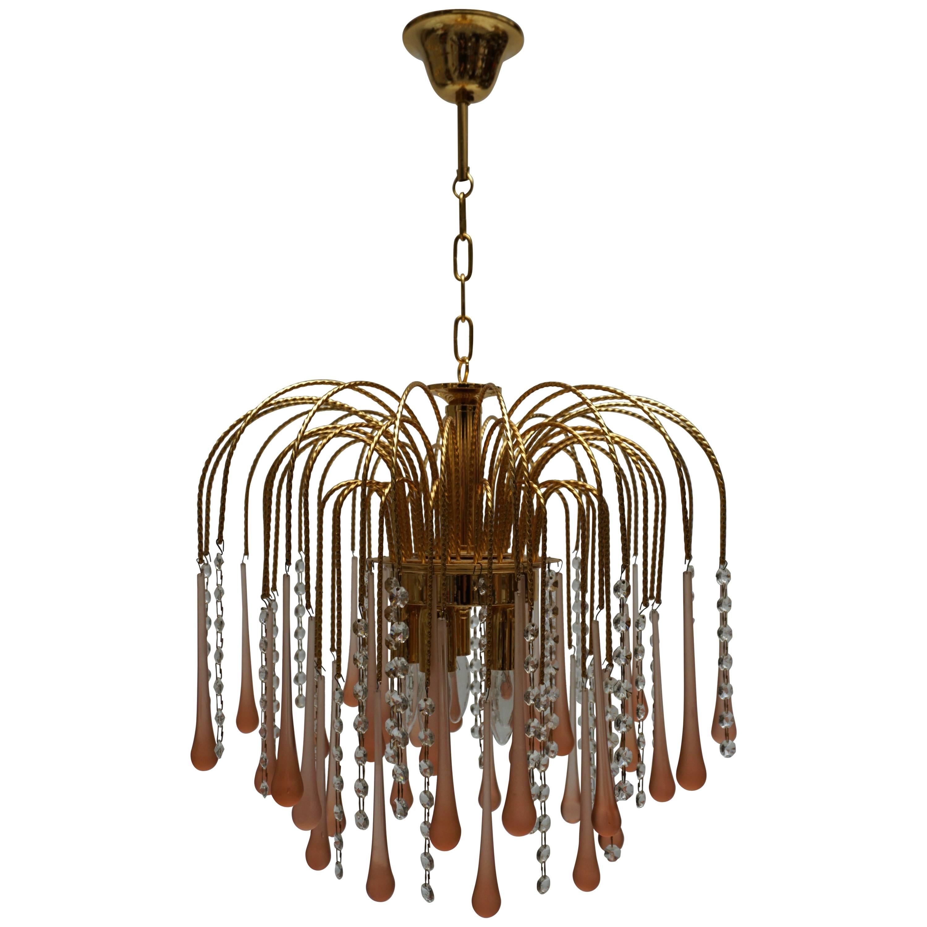 One of Two Italian Brass and Murano Glass Teardrop Chandelier For Sale