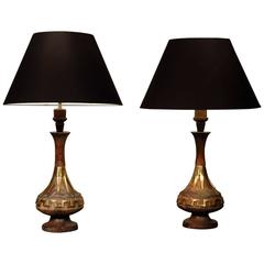 Pair of 1960s Wood and Brass Lamps