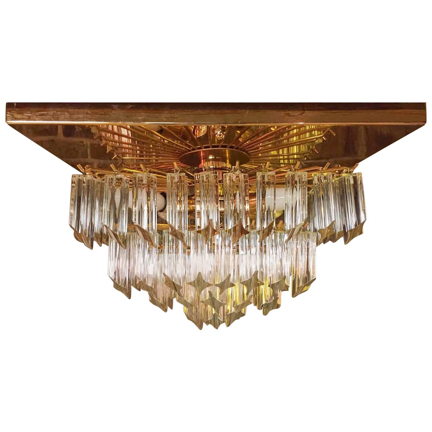 Mid-20th Century Murano Glass Prism and Gold Plafonnier Chandelier For Sale