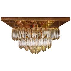 Mid-20th Century Murano Glass Prism and Gold Plafonnier Chandelier