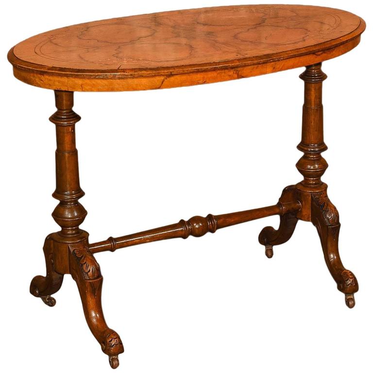 Victorian Burr Walnut Antique Stretcher Table, circa 1850 at 1stDibs