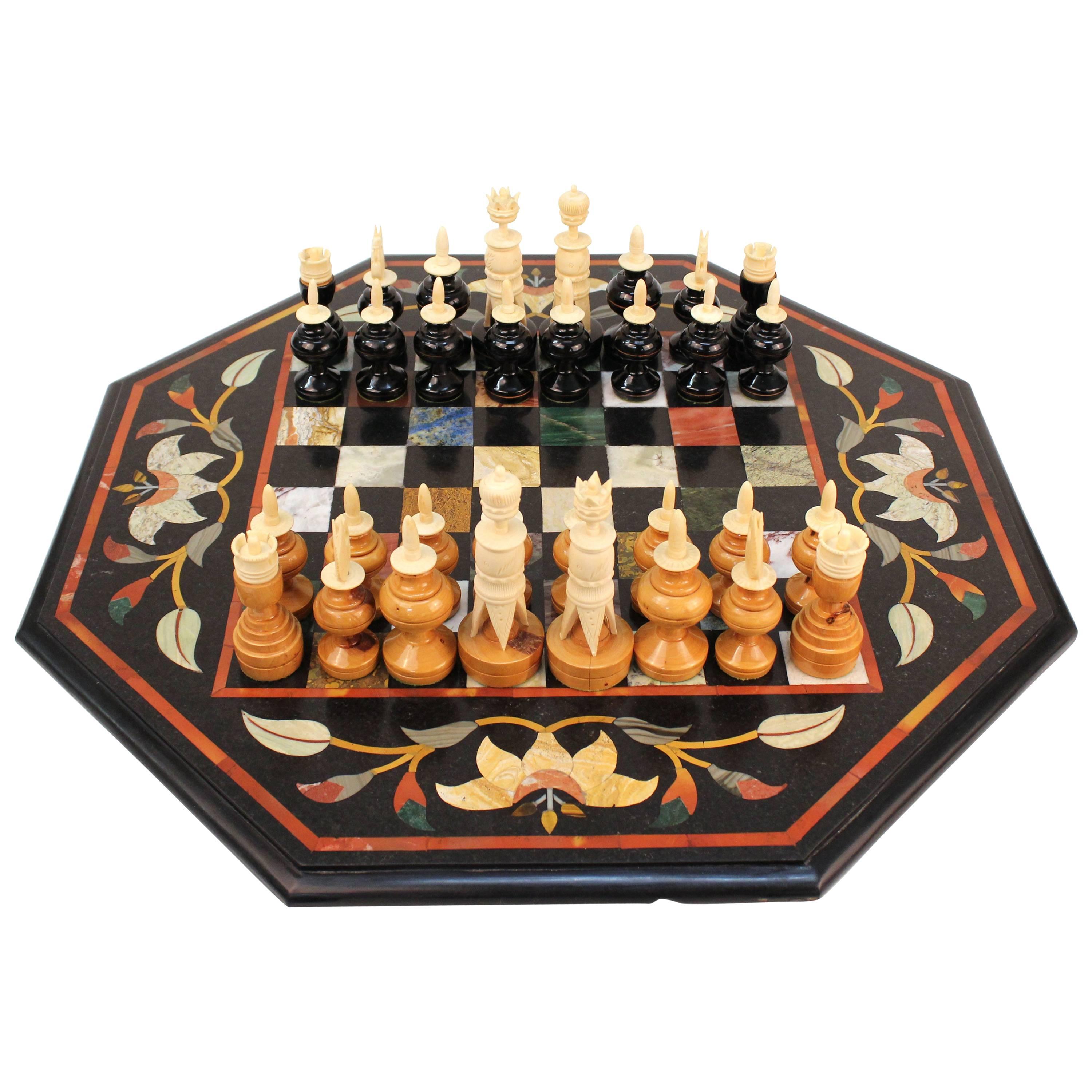 Italian Pietra Dura Chess Board with Semi-Precious Stone