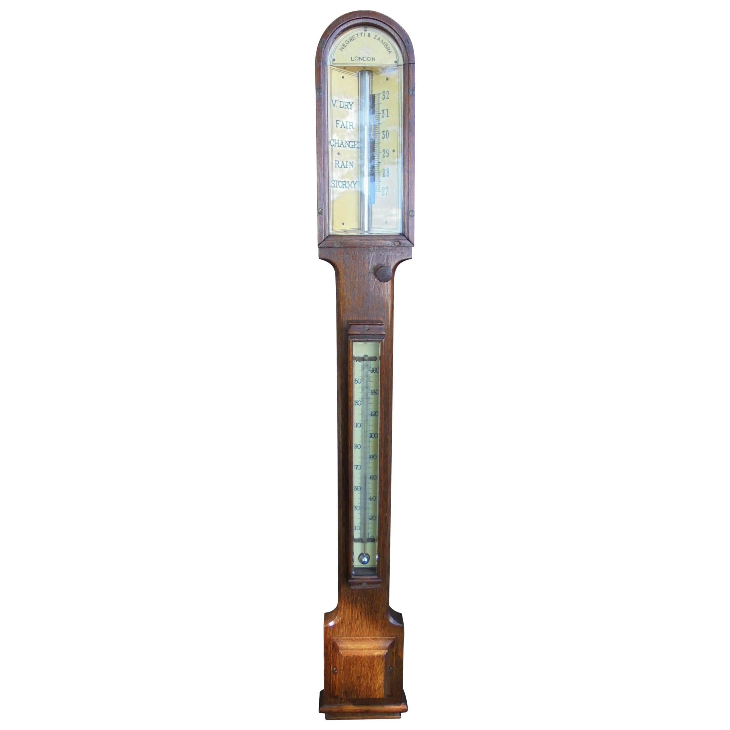 Antique Oak Stick Barometer Negretti and Zambra