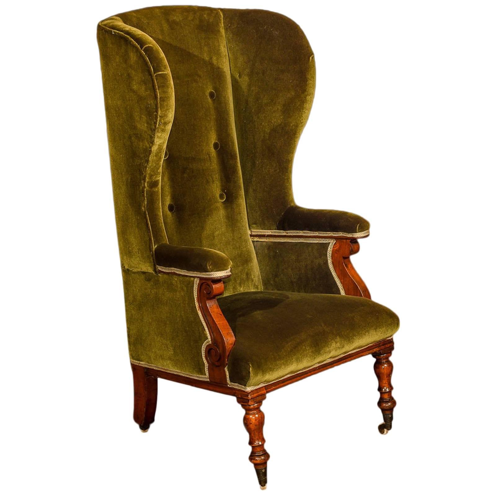 Antique Wing Back Chair, Victorian, Green Velvet, circa 1850