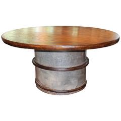 Vintage French Storage Barrel as Table Base with Iron Rimmed Wood Top