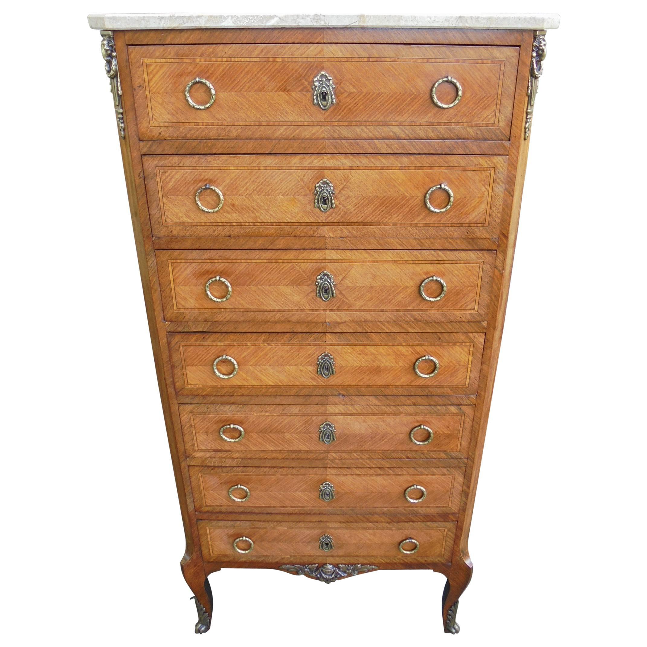 Antique Inlaid Kingwood Marble-Top Chest with Seven Draws For Sale