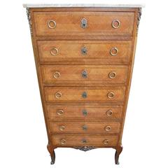 Antique Inlaid Kingwood Marble-Top Chest with Seven Draws