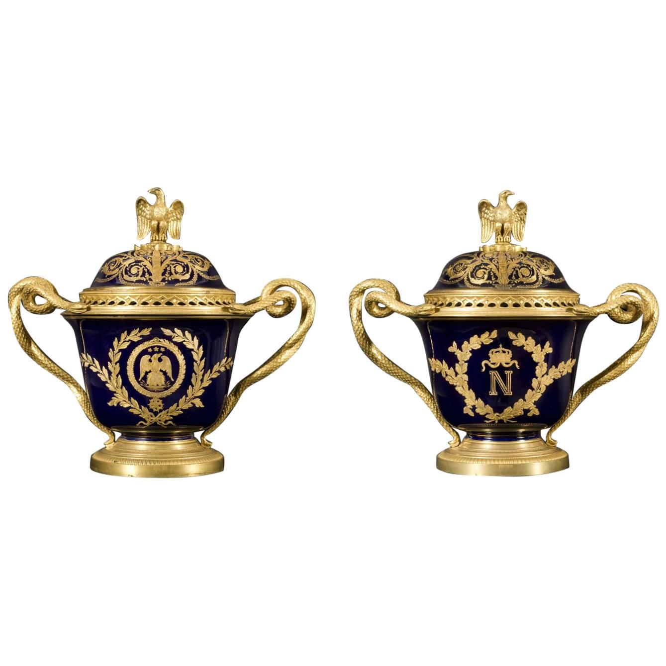Pair of Ormolu-Mounted, Blue Glazed and Gilt Imperial Sèvres Porcelain Urns For Sale