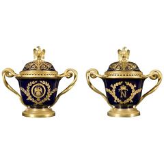 Pair of Ormolu-Mounted, Blue Glazed and Gilt Imperial Sèvres Porcelain Urns
