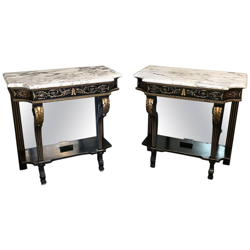 Pair of 19th Century French Napoleon III Marble-Top Consoles