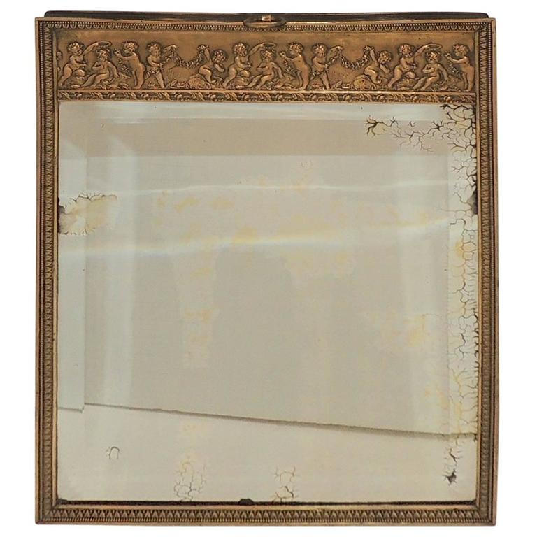 Wonderful French Bronze Cherub Putti Table Wall Beveled Dressing Mirror Frame