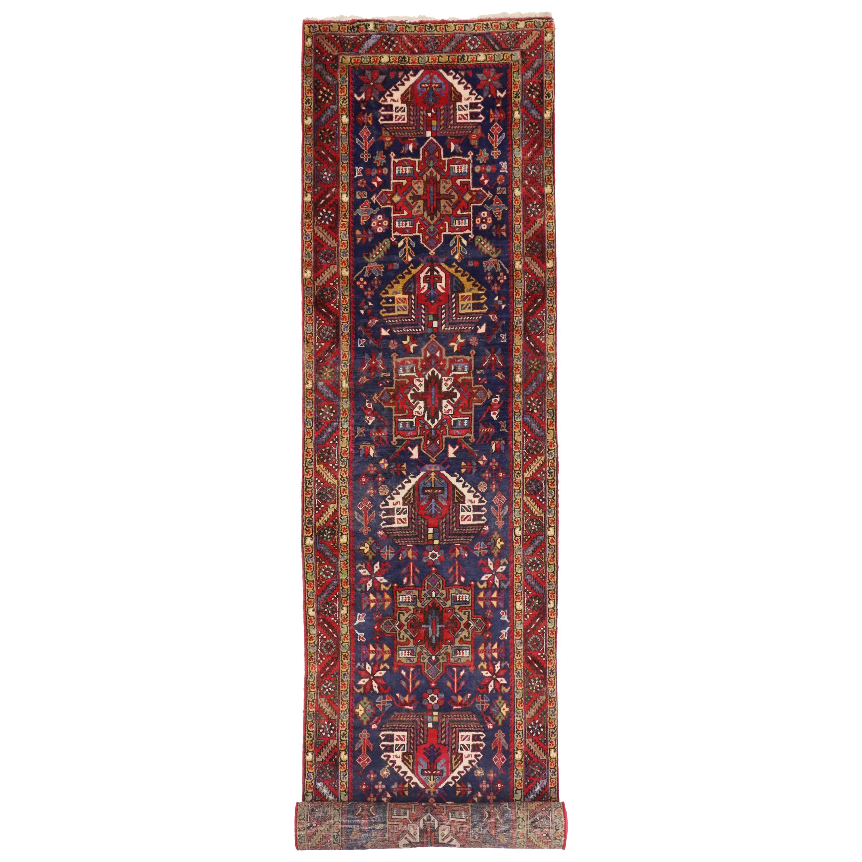 Vintage Persian Karaja Heriz Runner, Tribal Style Hallway Runner