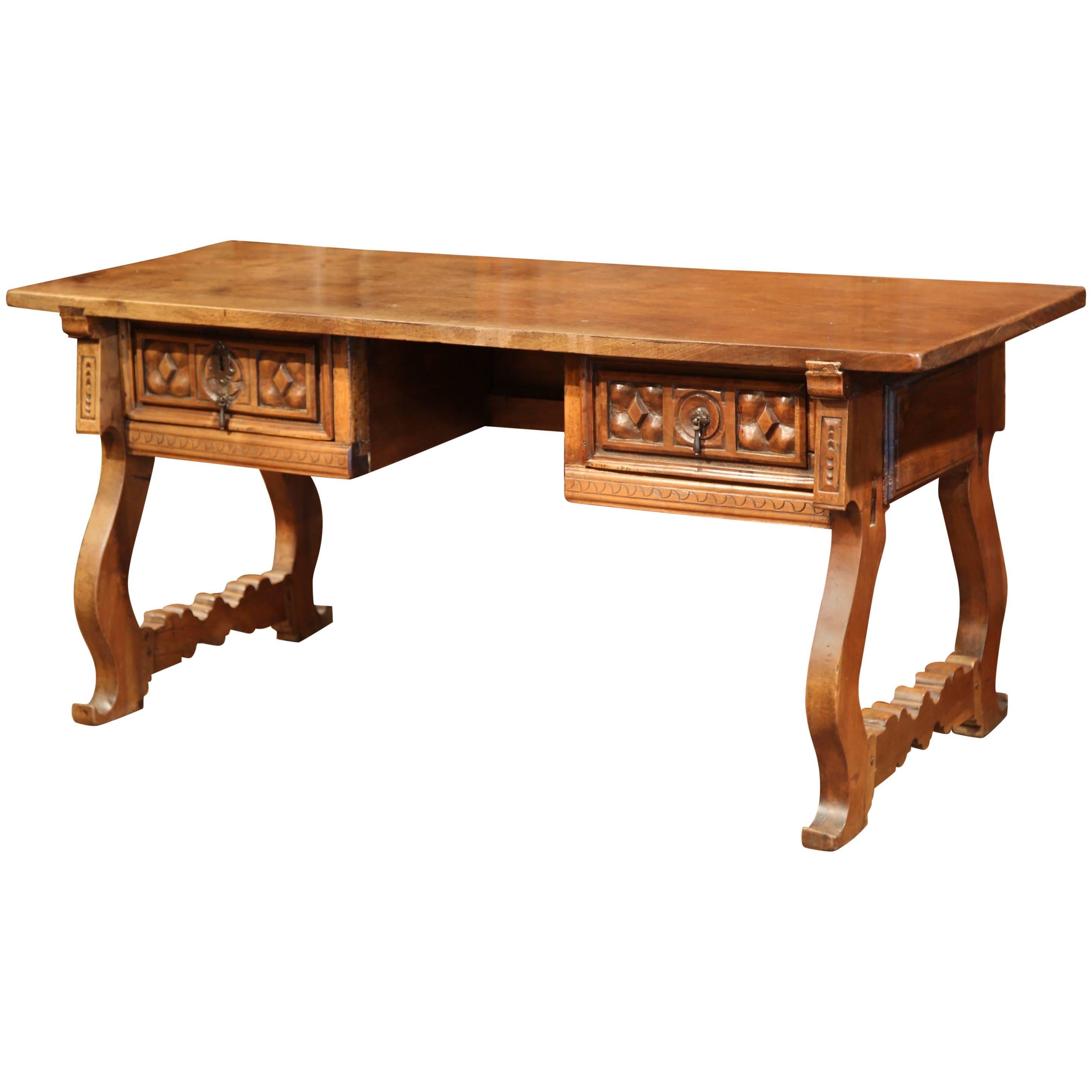19th Century Spanish Carved Walnut Desk with Drawers and Single Plank Tabletop