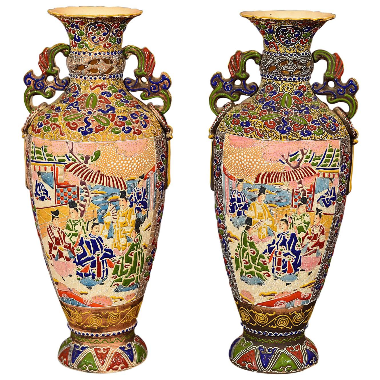 Pair of Antique Vases Japanese Moriage Satsuma