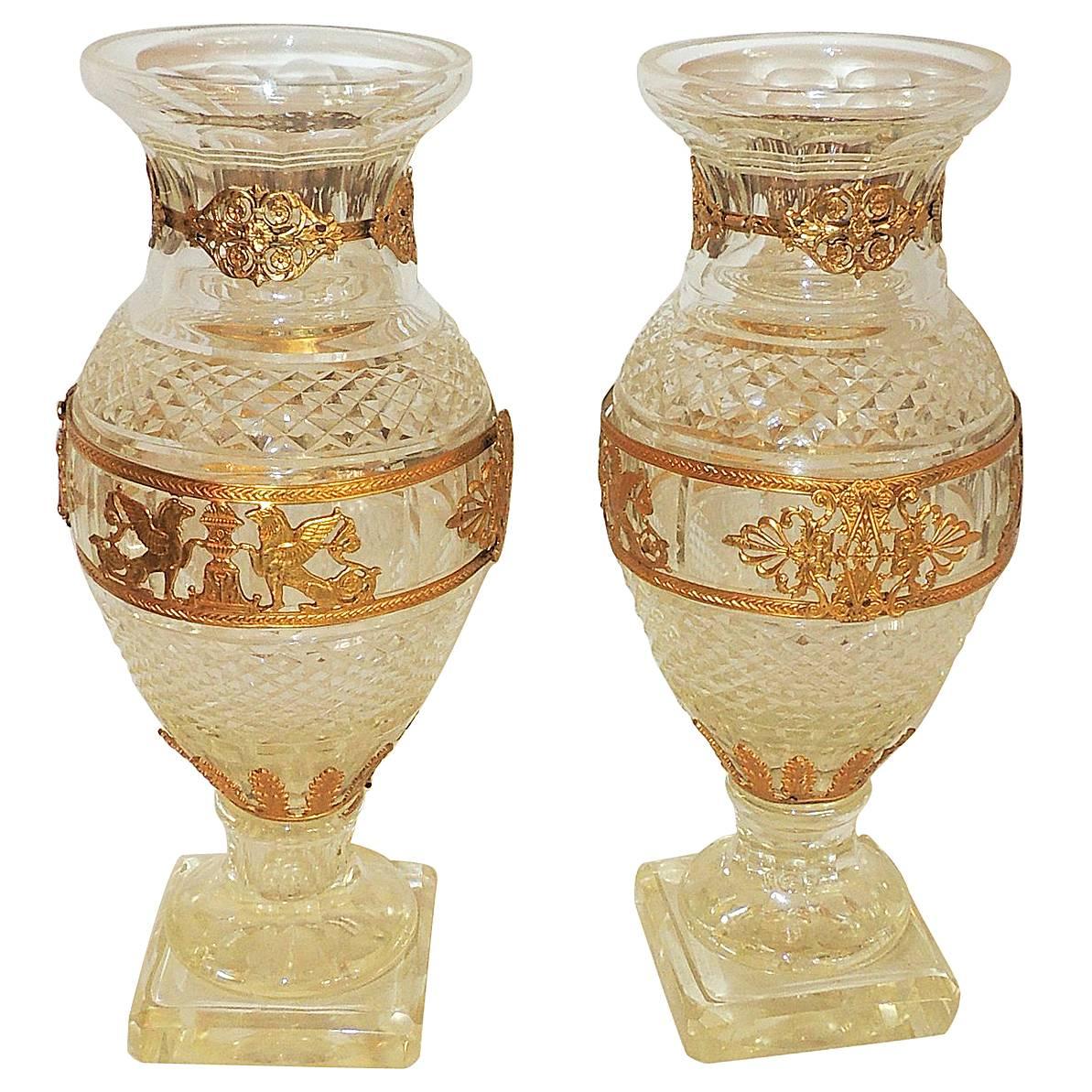 Beautiful Large Pair Baccarat Cut Crystal Ormolu-Mounted Regency Pedestal Vases