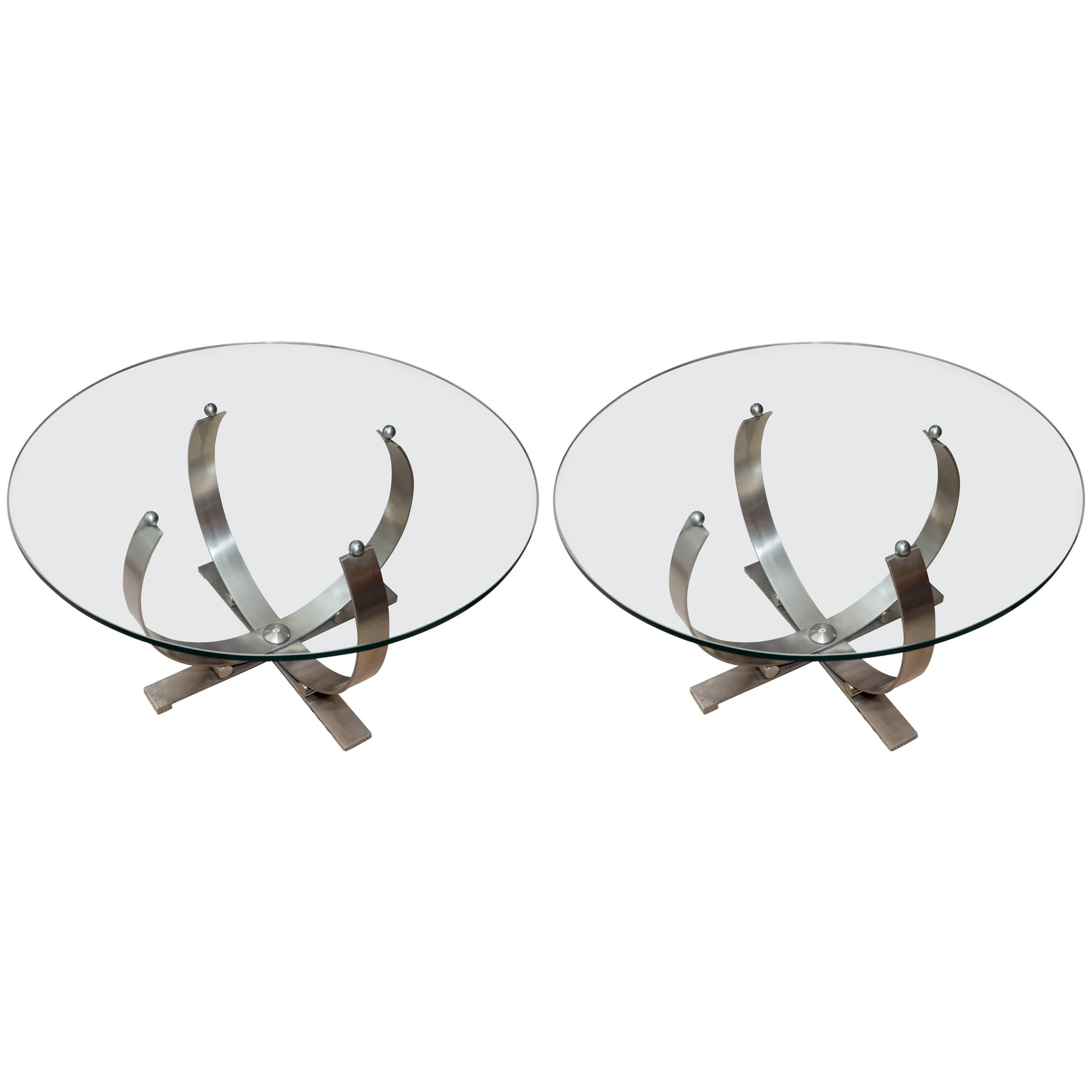 Pair of Round Mid-Century Stainless Steel and Glass Occasional Tables For Sale