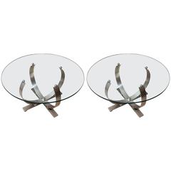 Pair of Round Mid-Century Stainless Steel and Glass Occasional Tables