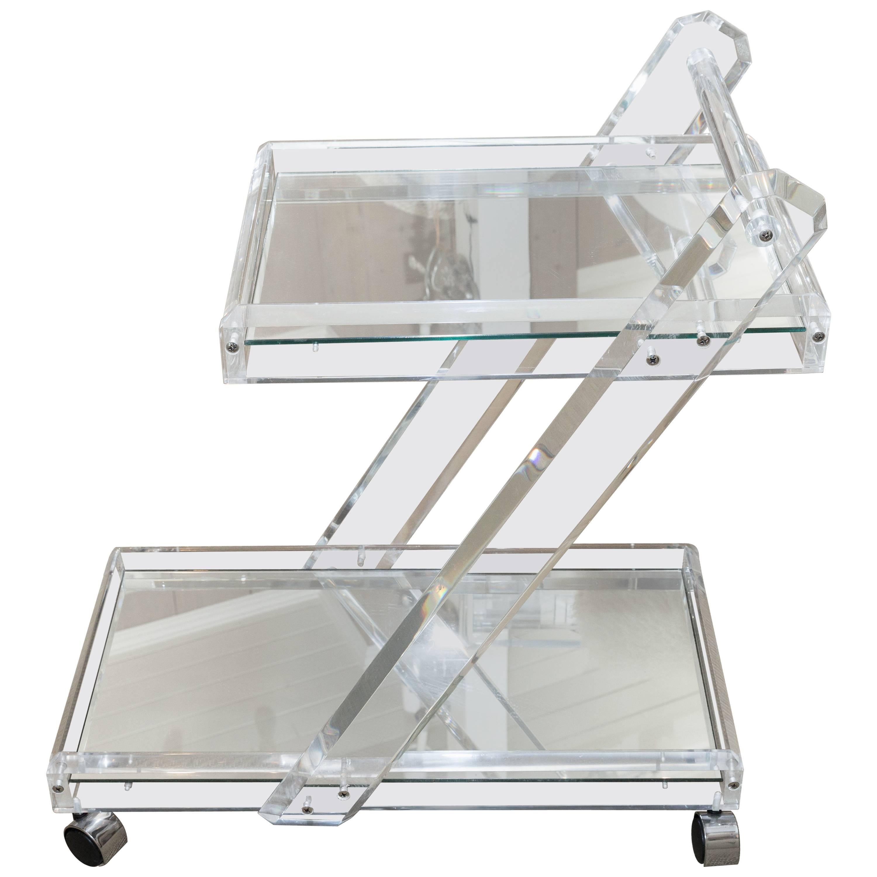 Mid-Century Lucite Tea Cart with Two Mirrored Shelves