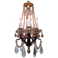 Small Early 20th Century French Empire Bronze and Peach Crystal Chandelier 4