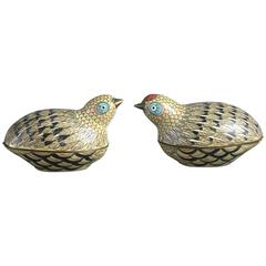 Late 19th Century Pair of Cloisonné Quail Boxes