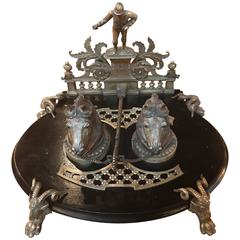 Antique Bronze and Ebonized Wood Double Inkstand