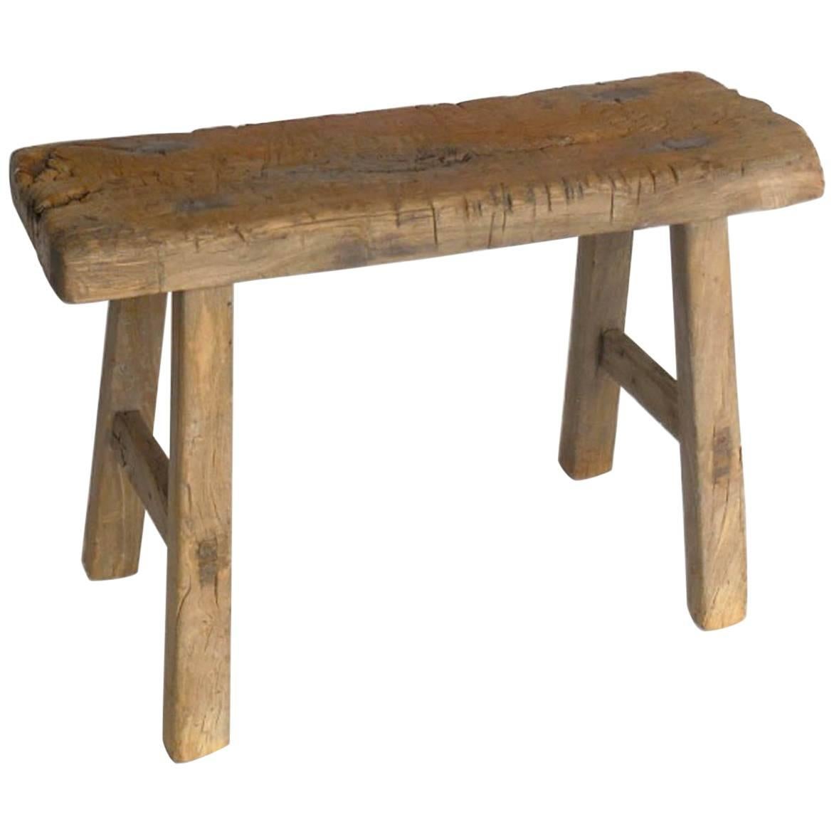 19th Century Chinese Bench or Stool in Elm Wood