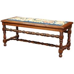 19th Century French Louis XIII Carved Walnut Bench with Needlepoint Seat