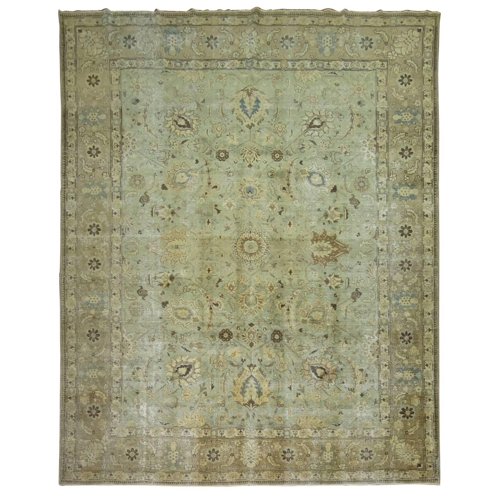 Mint Green Shabby Chic Persian Tabriz Carpet For Sale
