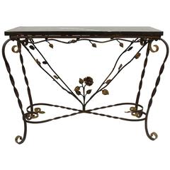 Accent Table with Black Marble Surface and Floral Motif