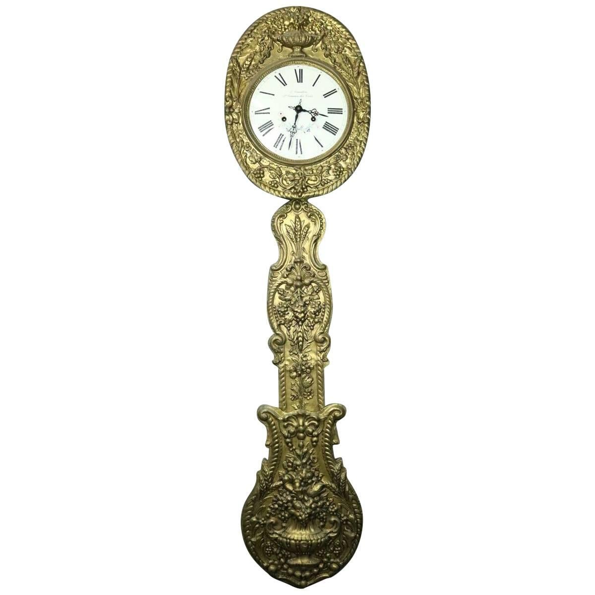 Antique French Brass & Enamel Rococo Wag-on-wall Clock, J. Cornillon, circa 1860